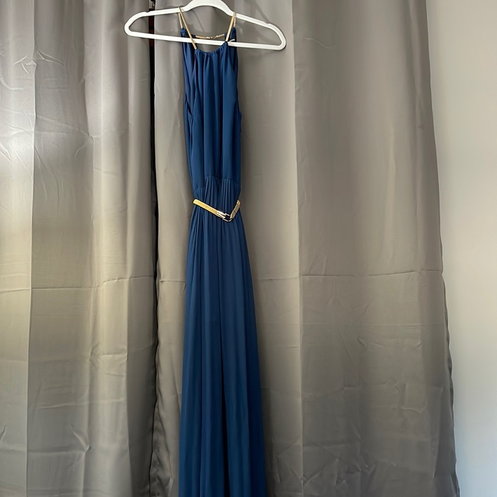 Oasis Long Blue Dress with Gold Accents - Size 12/38